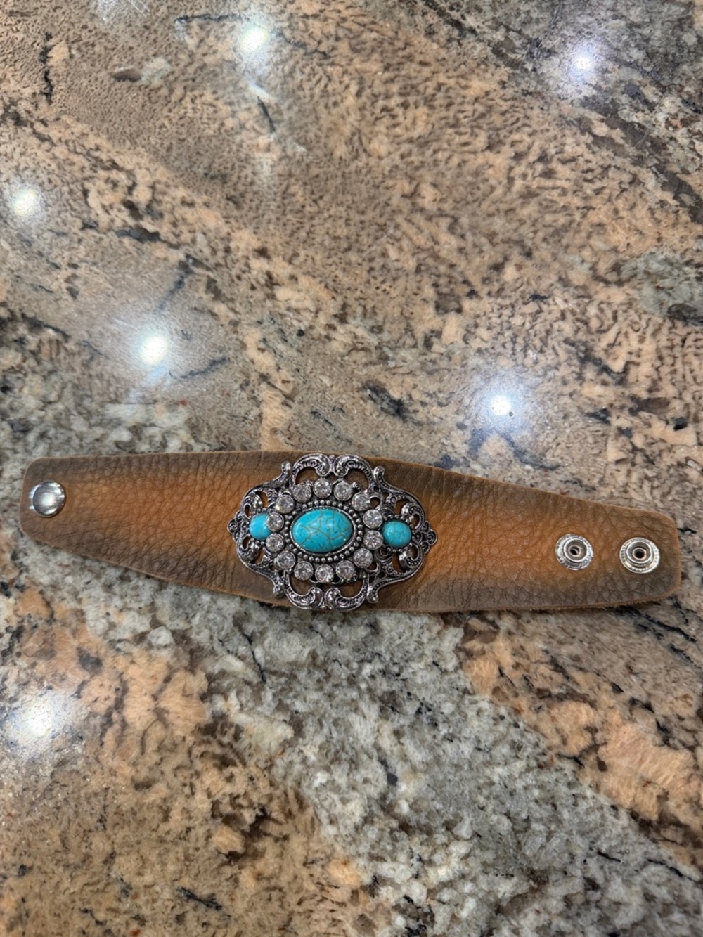 Brown Leather Bracelet with Turquoise Accent and Silver Filigree